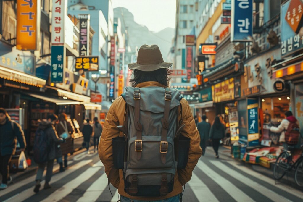 voyage solo Corée du Sud : jeune voyageur explorant les rues de Séoul avec un sac à dos