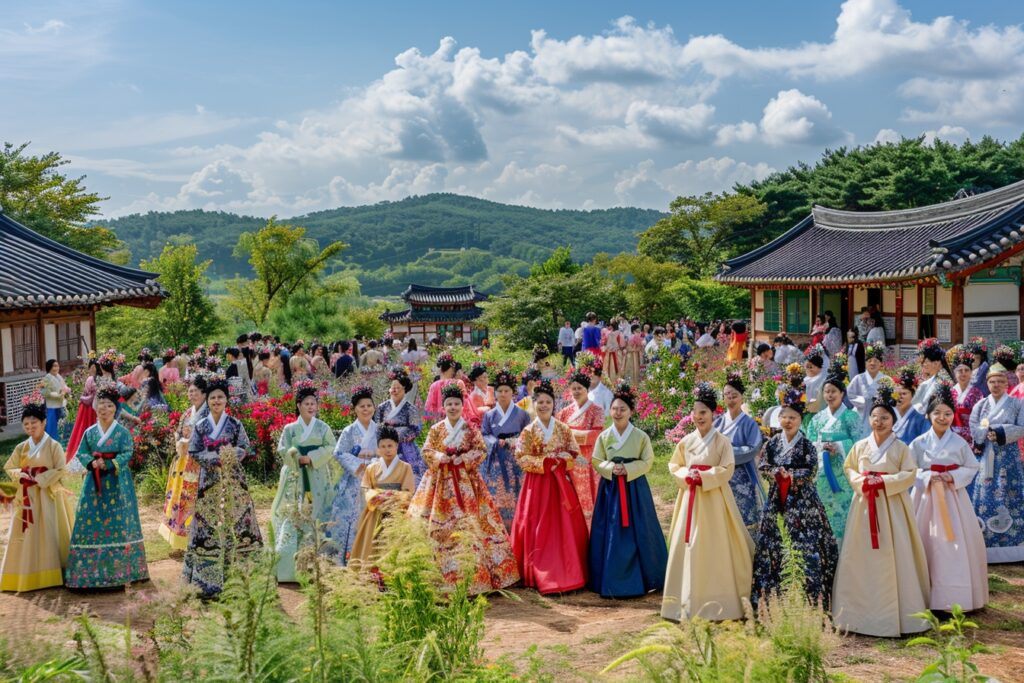 Chuseok : famille coréenne célébrant le festival Chuseok avec des offrandes traditionnelles