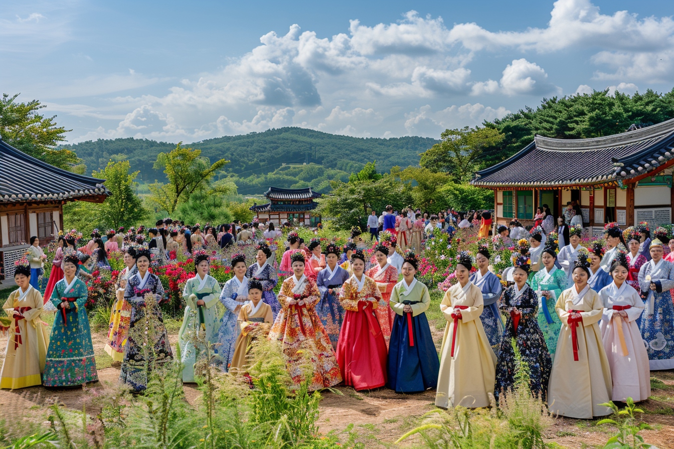 Chuseok : famille coréenne célébrant le festival Chuseok avec des offrandes traditionnelles