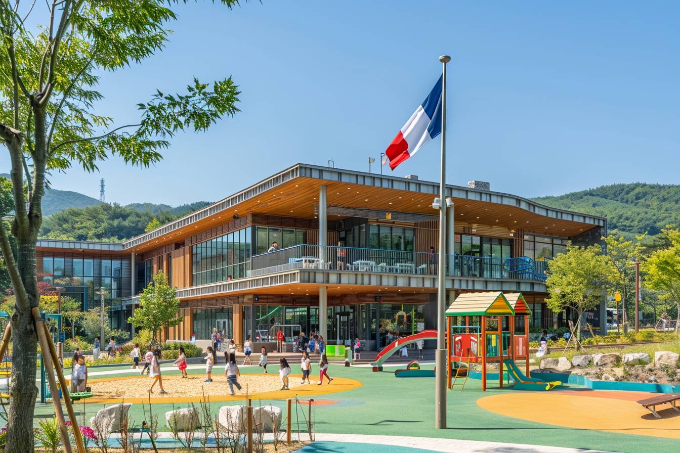 école française : bâtiment moderne du Lycée Français de Séoul avec des étudiants