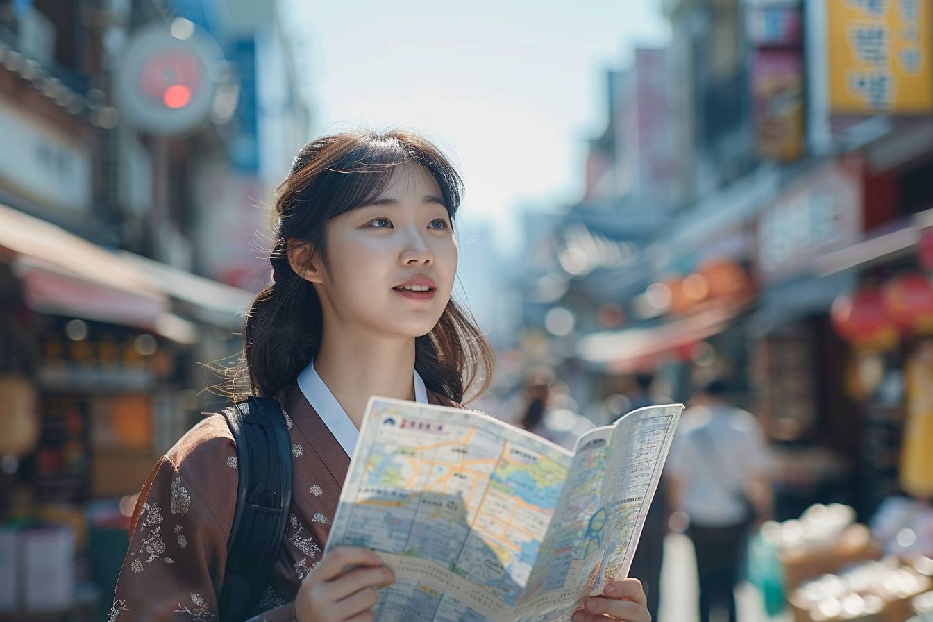 Permis Vacances Travail Corée du Sud : illustration de jeunes voyageurs en Corée du Sud avec des emblèmes culturels et éléments touristiques du pays