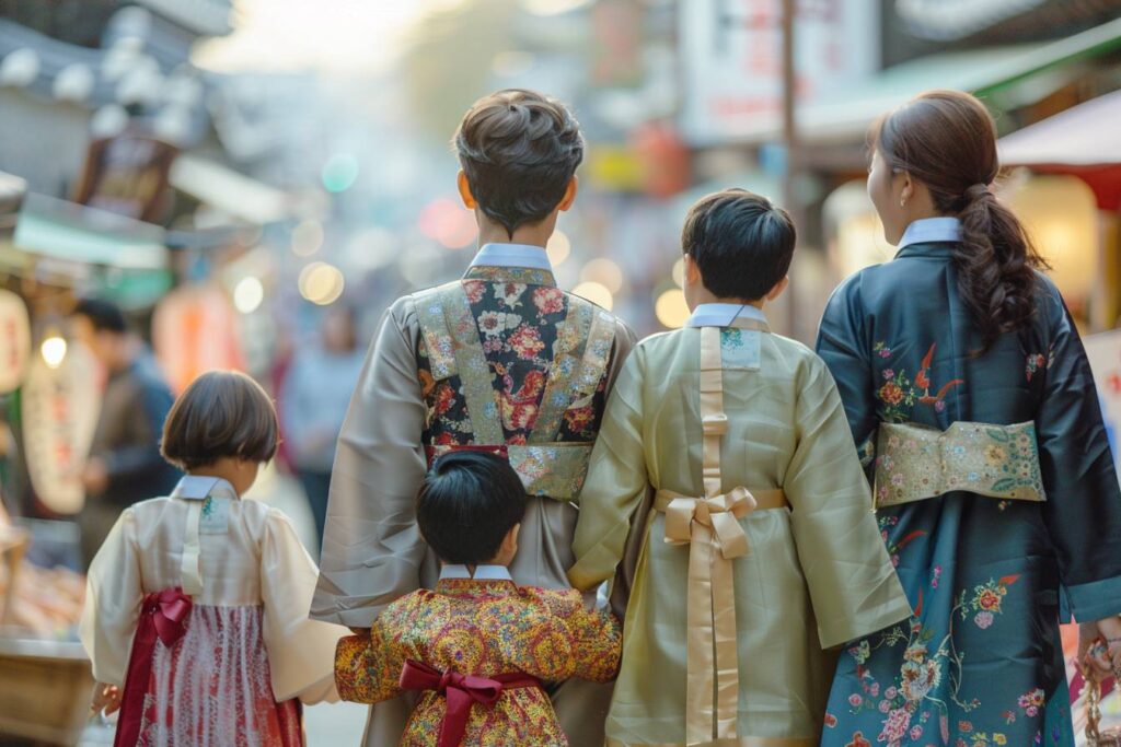 expatriation enfants Corée du Sud : famille asiatique devant une école ou crèche en Corée du Sud
