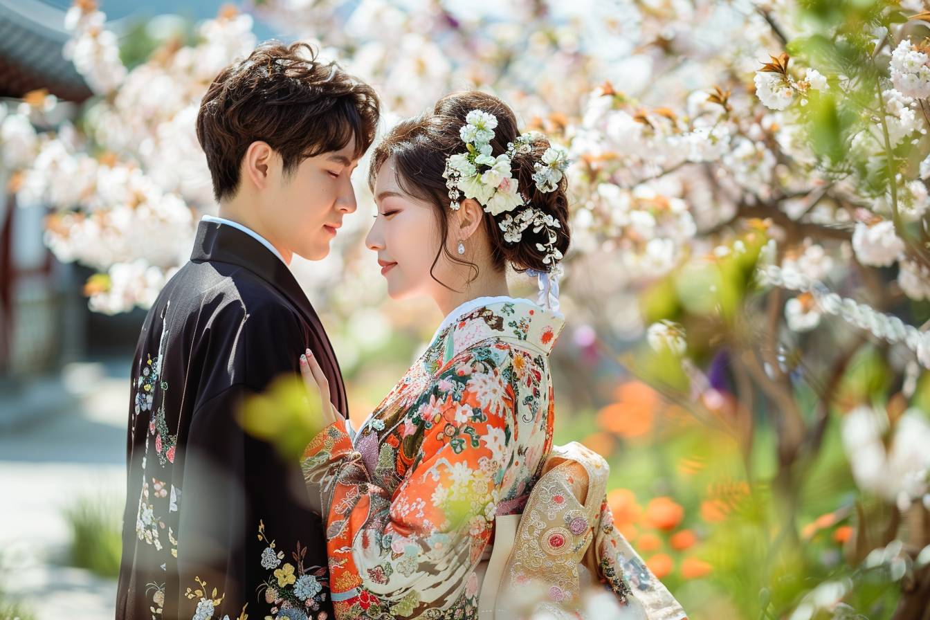 mariage en Corée du Sud : cérémonie nuptiale sous des cerisiers en fleur