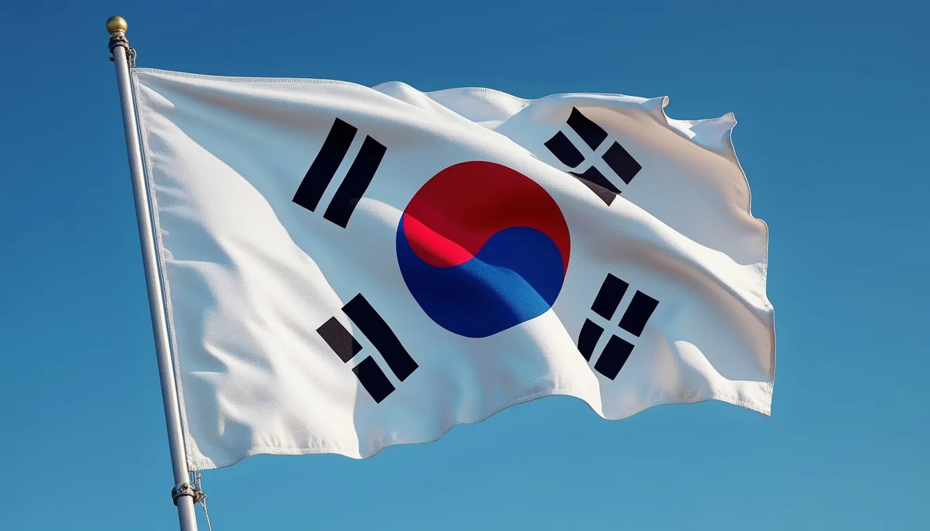 drapeau coréen : image du drapeau coréen Taegeukgi avec ses couleurs rouge, bleu et les trigrammes noirs