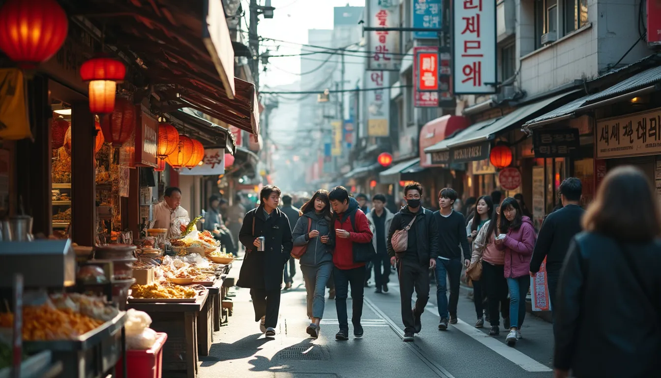 Corée du Sud : scène typique d'une journée locale en Corée du Sud avec palais, marchés et ruelles traditionnelles