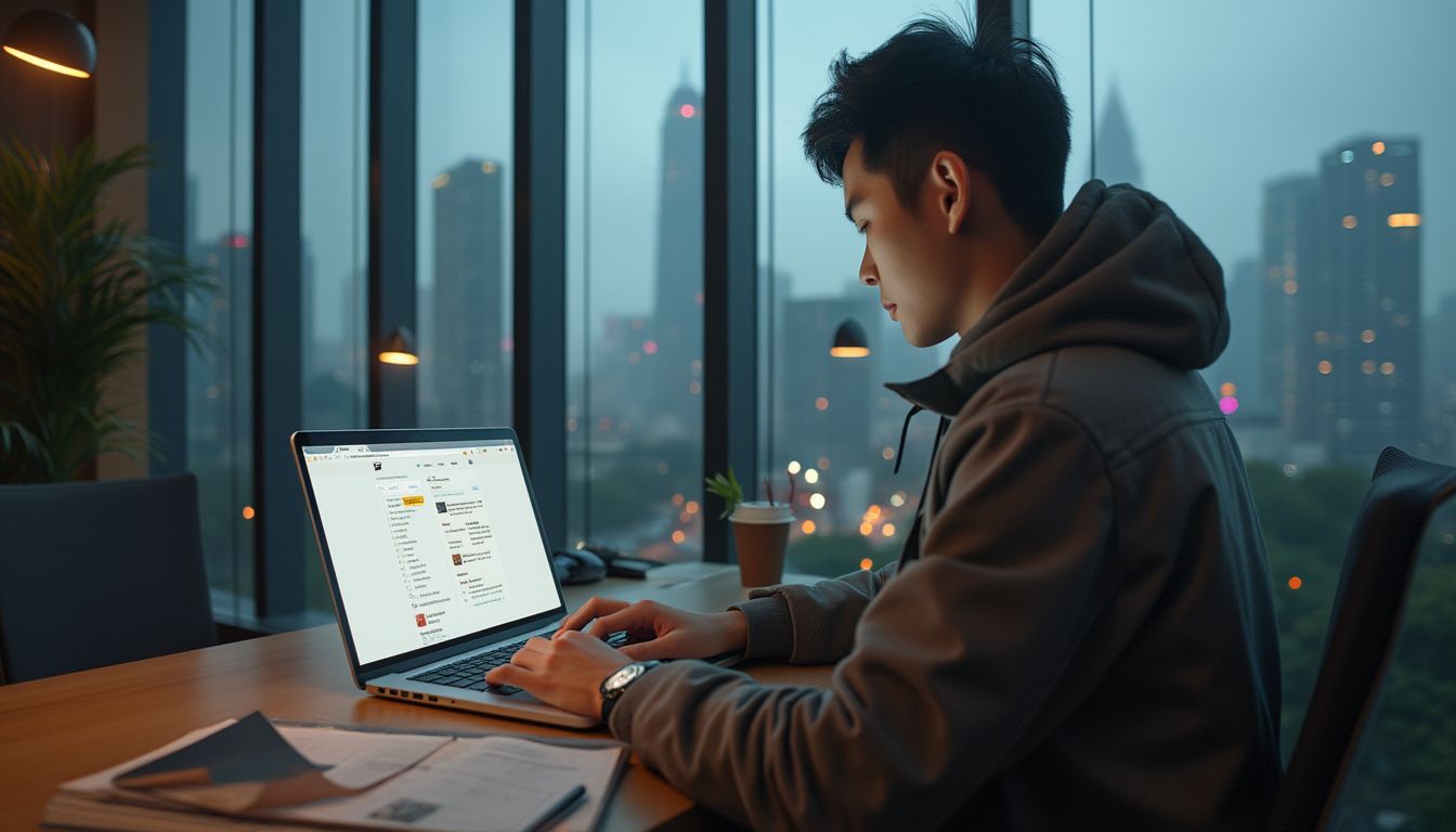 emploi Corée du Sud : jeune professionnel préparant son CV avec un drapeau sud-coréen en arrière-plan