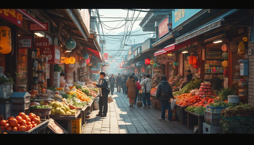courses en Corée du Sud : étalage coloré dans un marché local coréen