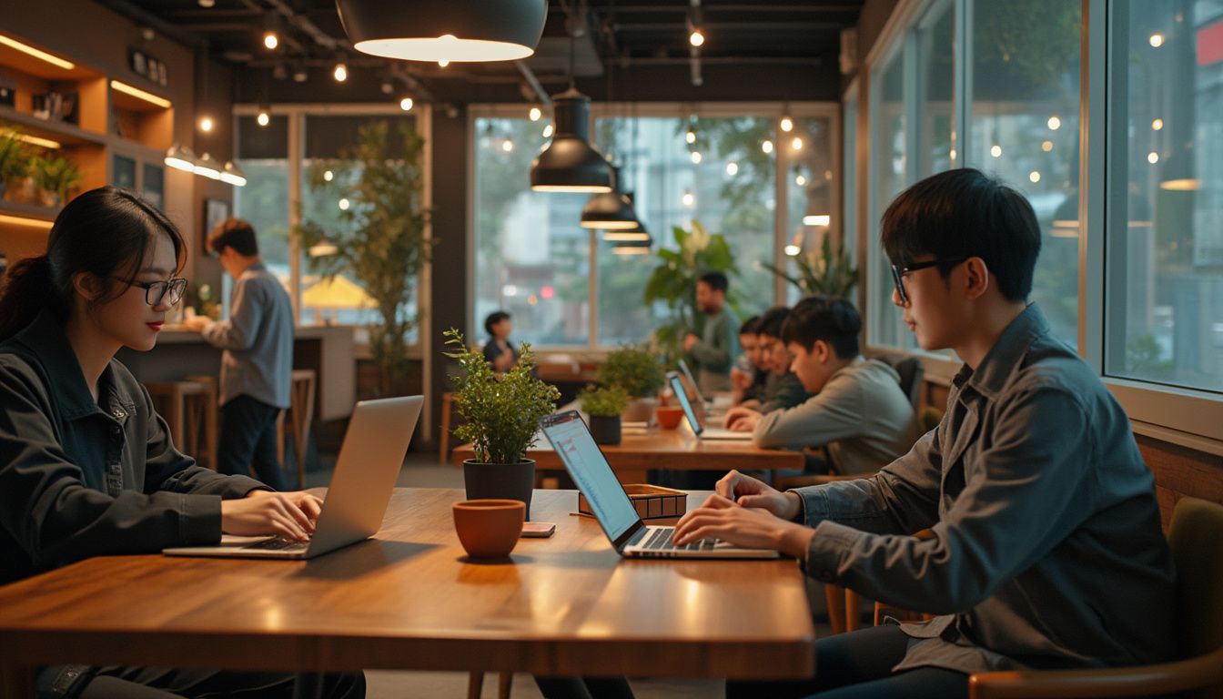 travail à distance en Corée du Sud : intérieur d'un espace de coworking moderne avec ordinateurs et café