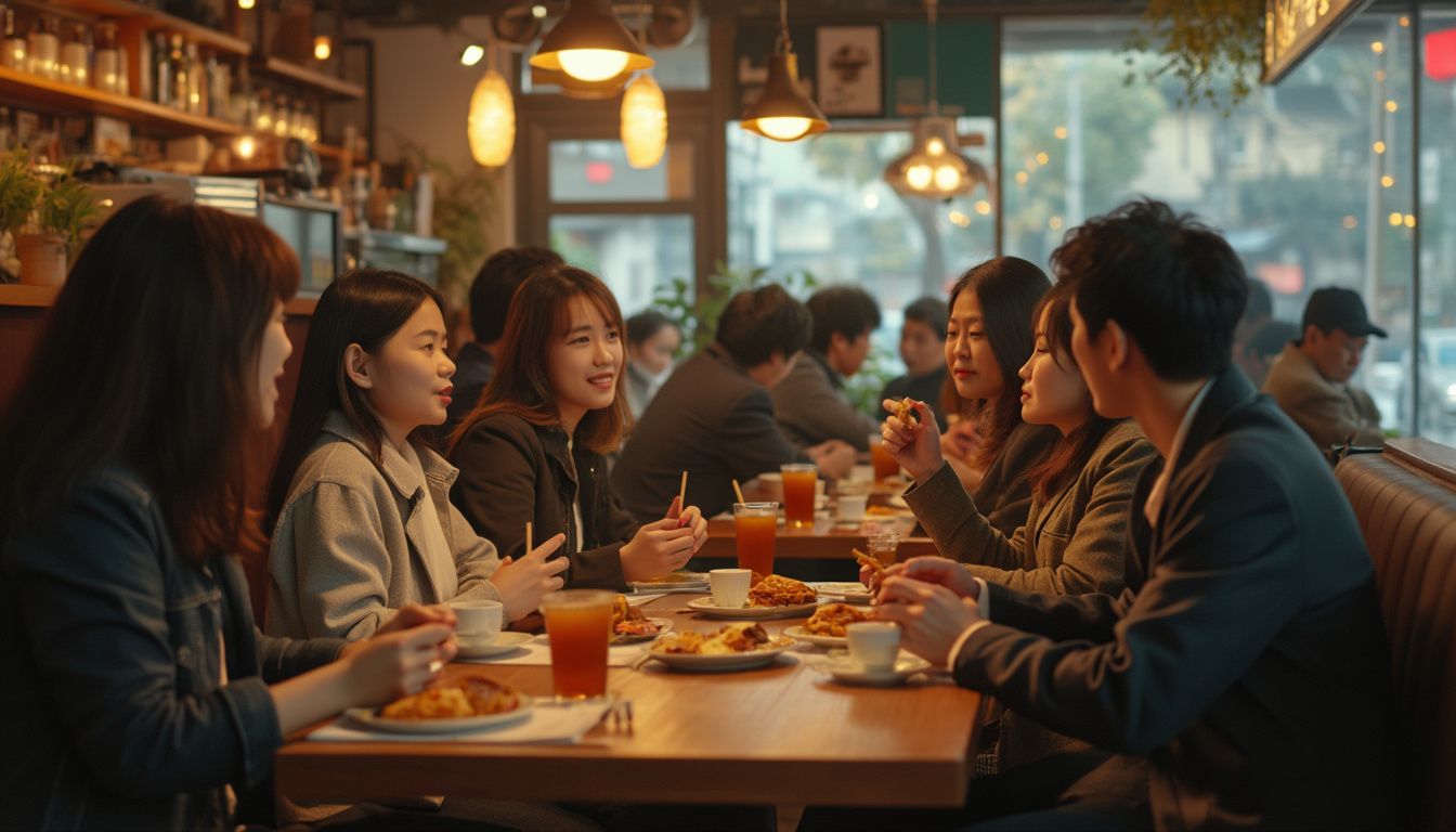 lieux de rencontre expatriés Corée du Sud : groupe de personnes diversifiées discutant dans un café convivial