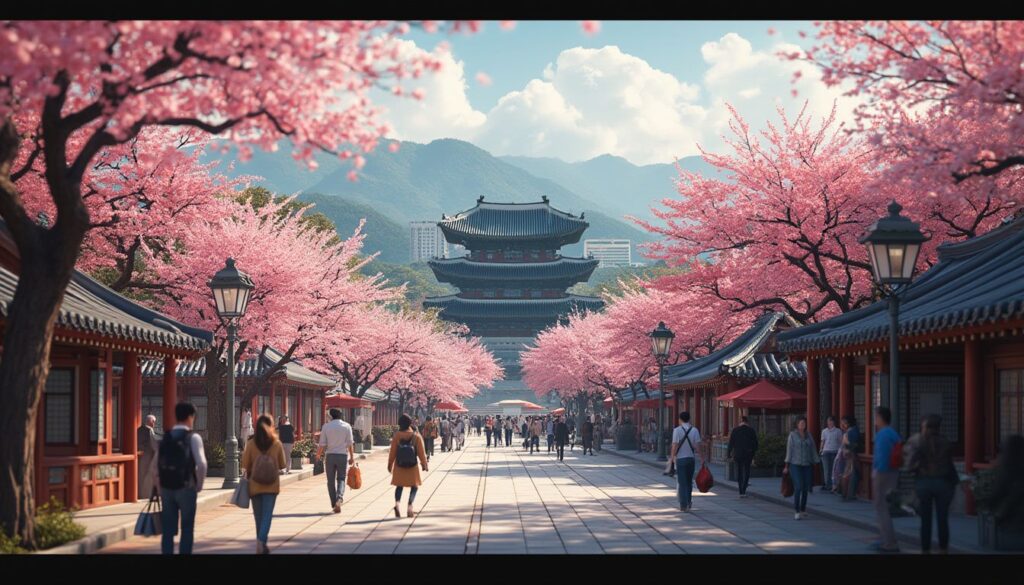 tourisme en Corée du Sud : panoramique montrant les sites emblématiques comme le Palais de Gyeongbokgung à Séoul et les paysages naturels de l'île de Jeju
