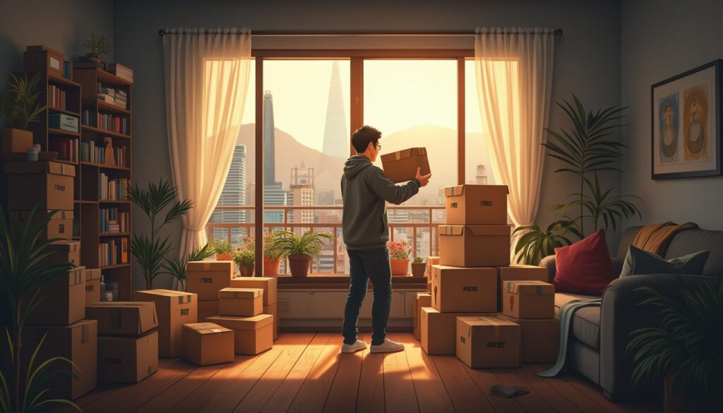 déménagement Corée du Sud : cartons de déménagement devant un appartement en Corée du Sud