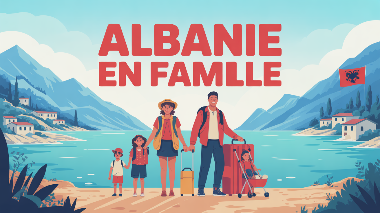 famille avec enfants voyage Albanie illustration estivale montagne mer