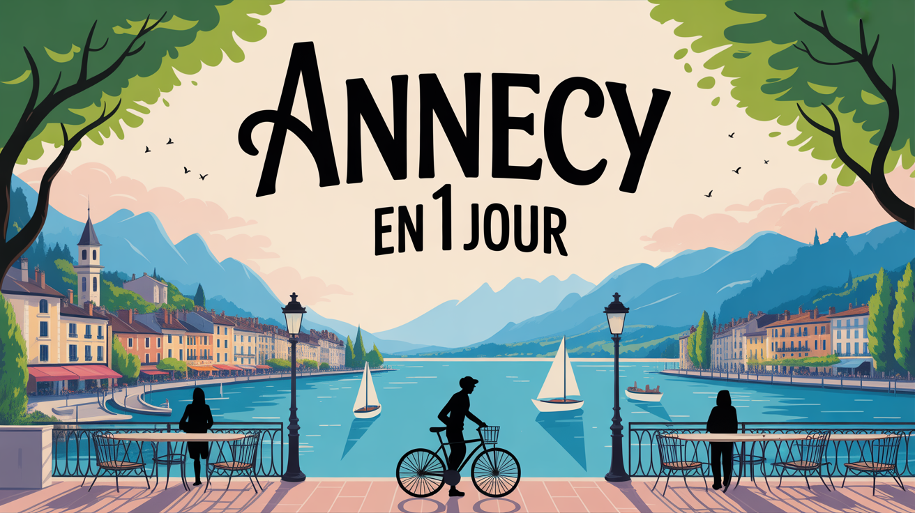 Vue stylisée Annecy canaux lac montagnes visiteurs