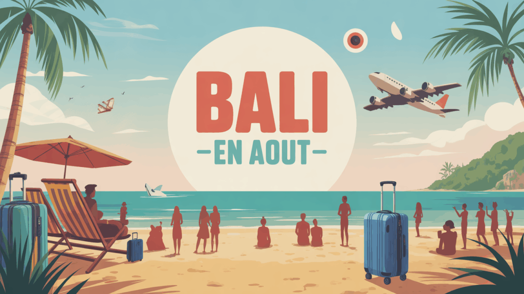 Illustration Bali en août plage sable soleil foule voyageurs