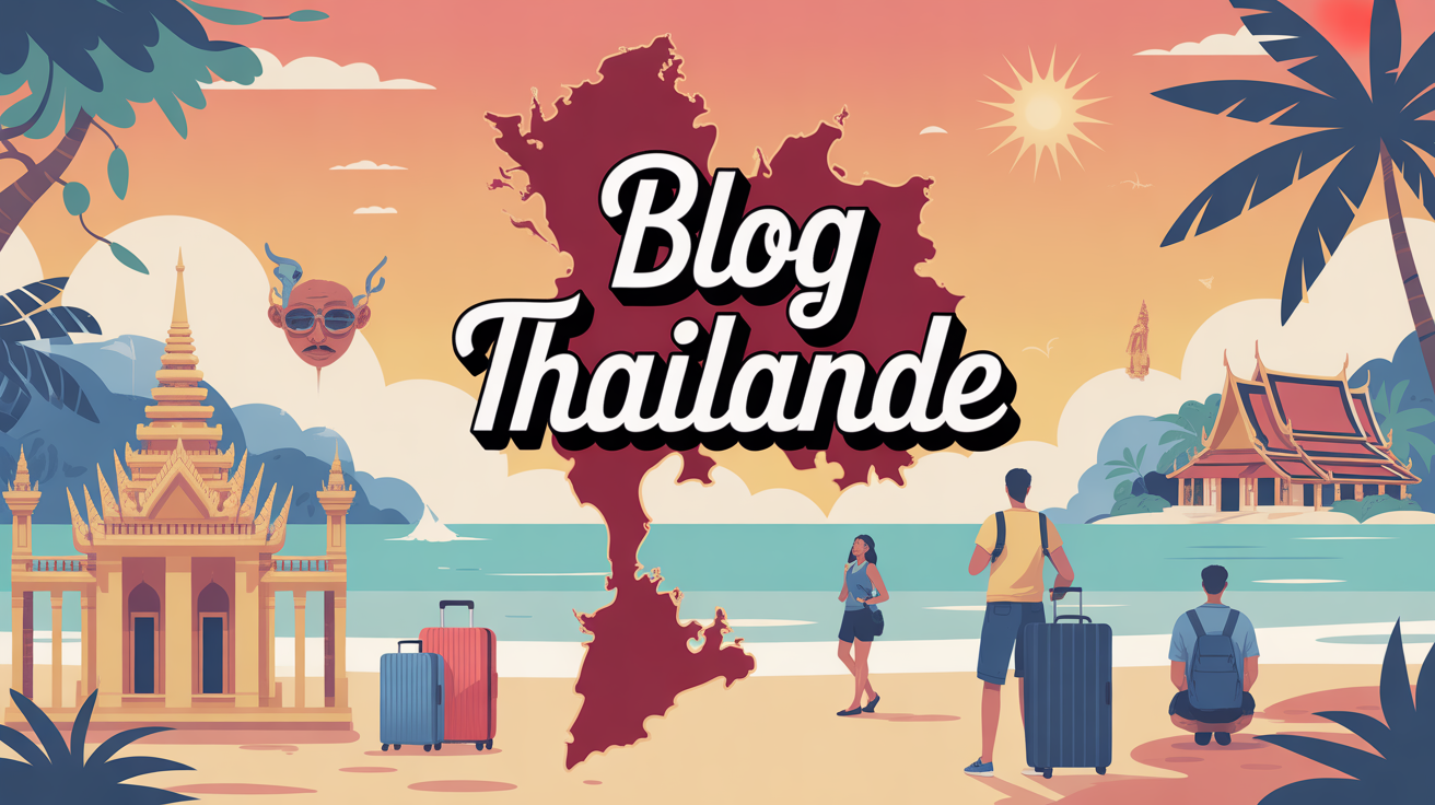 Illustration stylisée carte Thaïlande, temples, plages, voyageurs