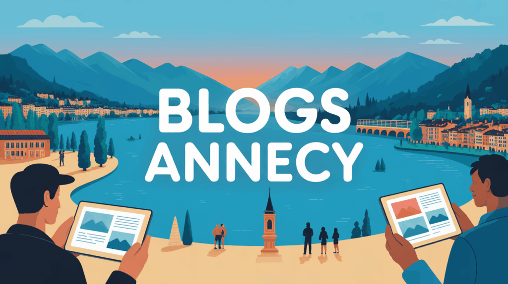 Annecy vue stylisée lac montagnes voyageurs lisant blogs