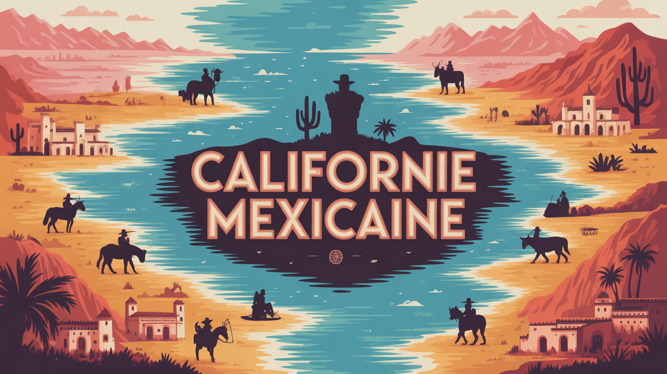 Carte illustrée de la Californie mexicaine avec missions, cavaliers, terres