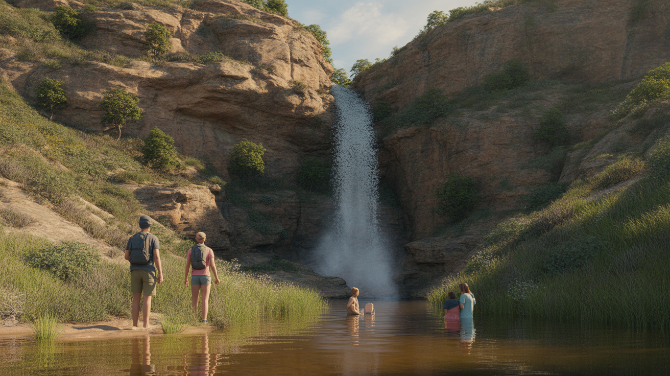 Chute d'eau karstique au trou de Mandre avec randonneurs