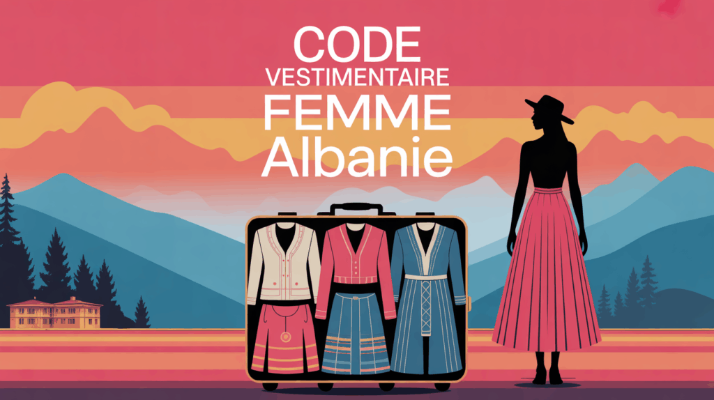 Femme debout valise ouverte vetements traditionnels modernes Albanie