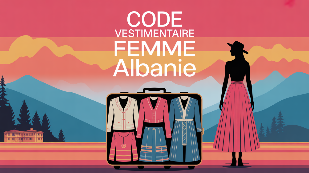 Femme debout valise ouverte vetements traditionnels modernes Albanie