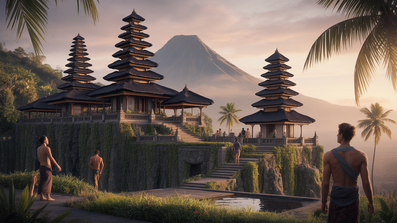 Temples Besakih sur terrasses avec mont volcanique