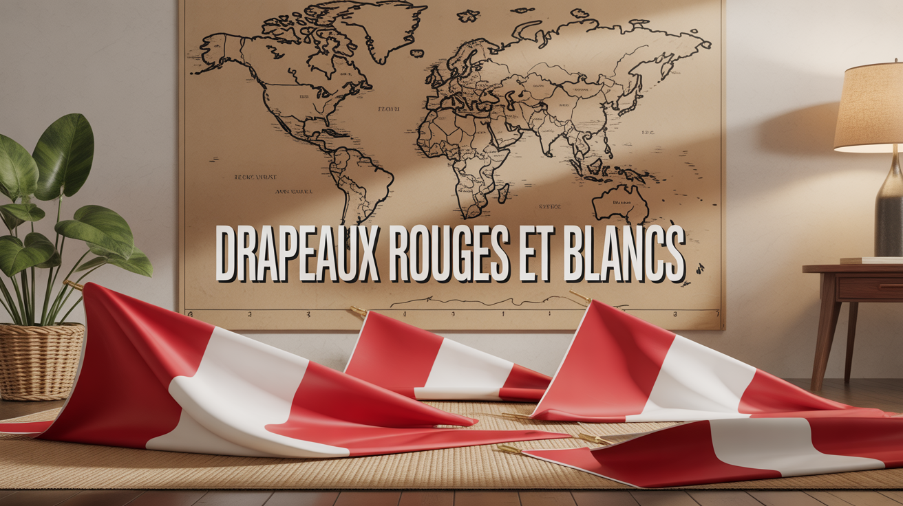 visuel stylisé drapeaux rouges et blancs sur fond carte monde