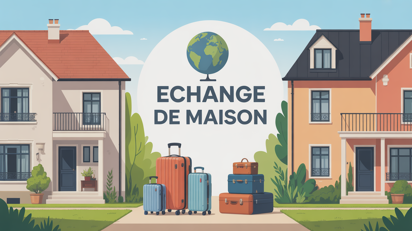illustration stylisee echange de maison globe valises cles