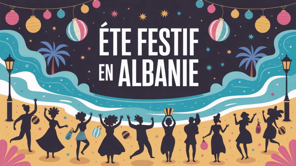 plage animée fête été Albanie silhouettes et musique