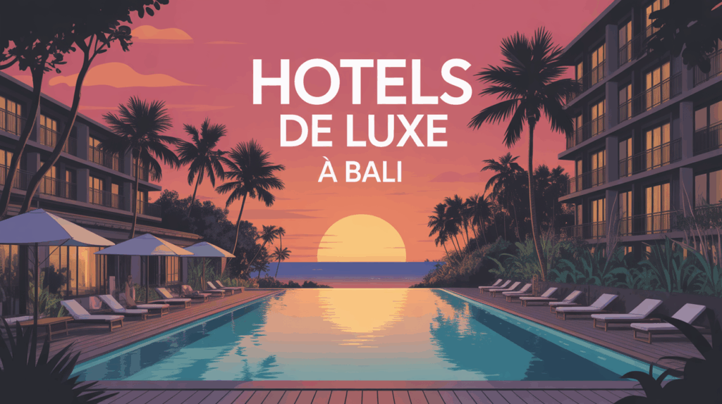 Complexe hôtel de luxe Bali rizières palmiers coucher soleil