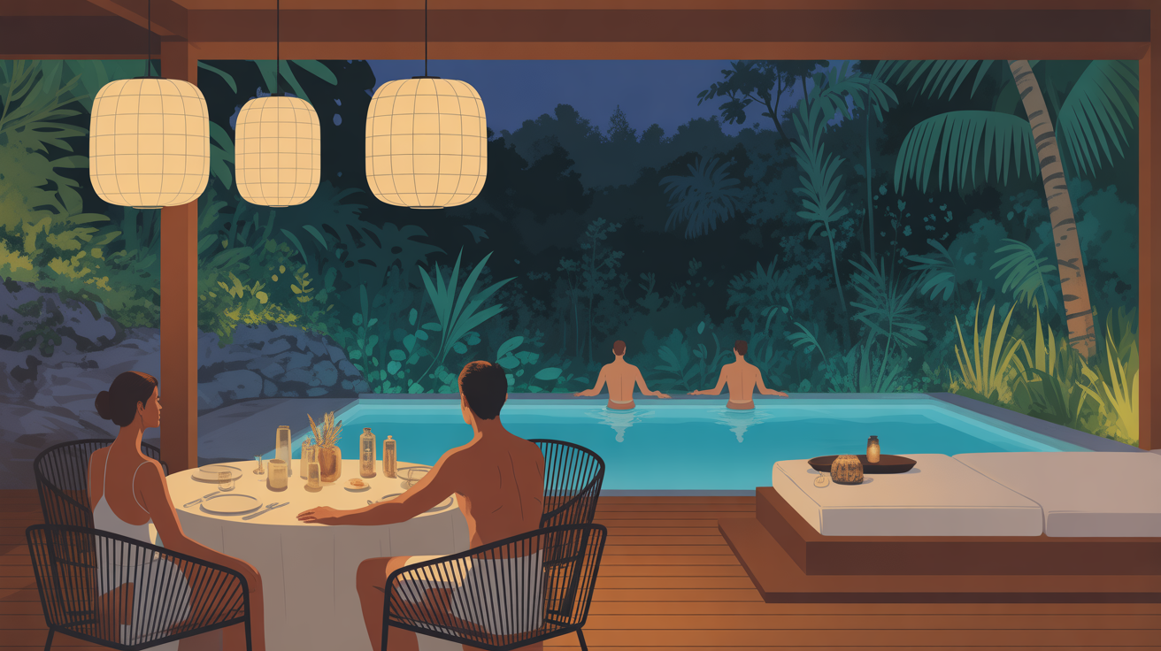 Spa luxe Bali table gastronomique piscine jungle