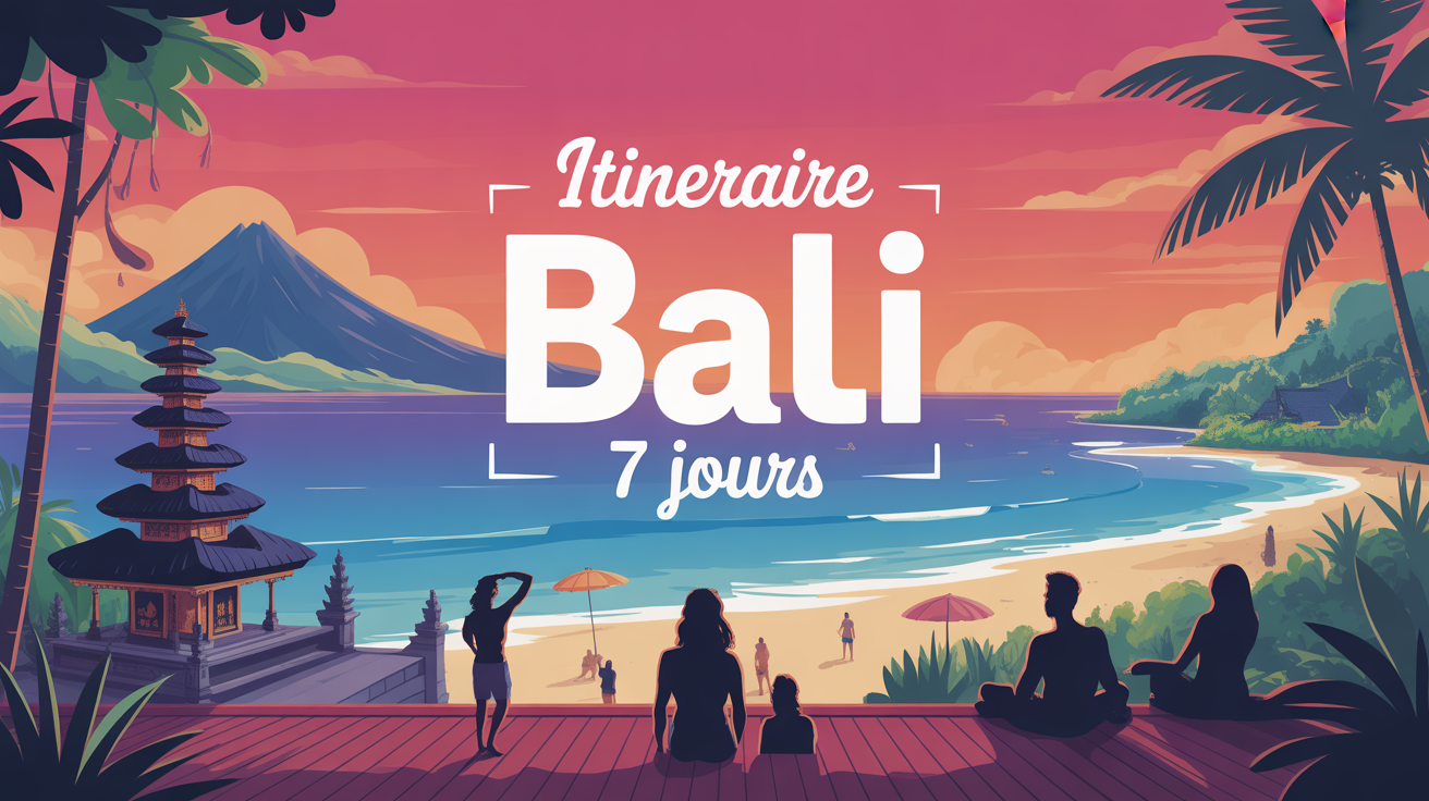 illustration stylisee Bali riziere volcan temple plage