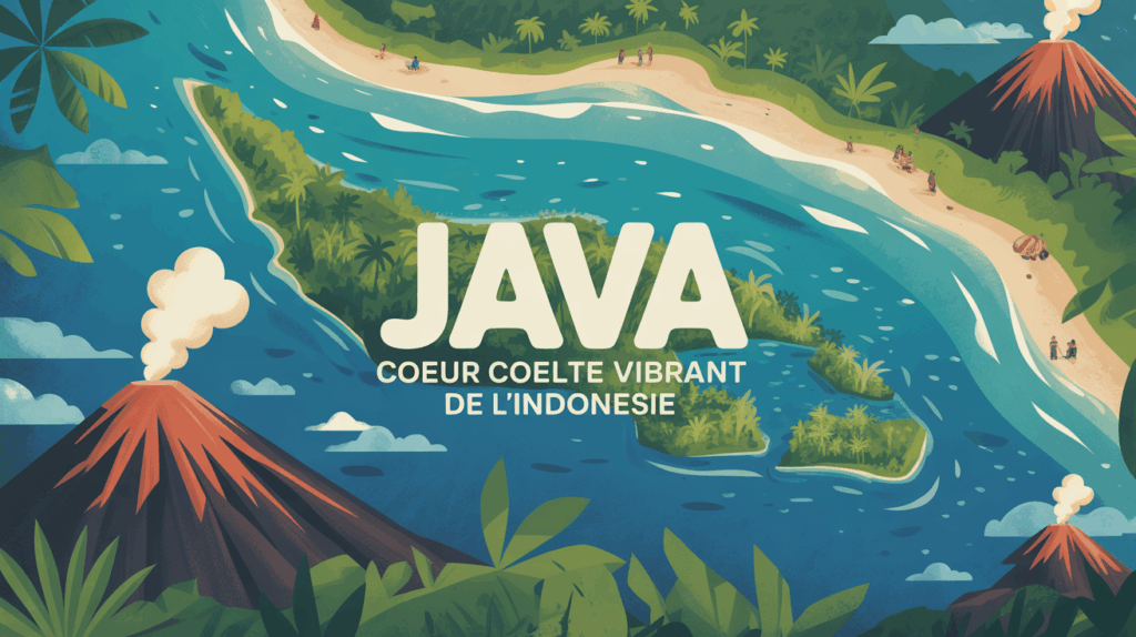 illustration stylisee ile de Java vue du ciel volcan riziere ville
