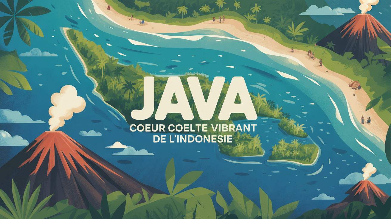 illustration stylisee ile de Java vue du ciel volcan riziere ville