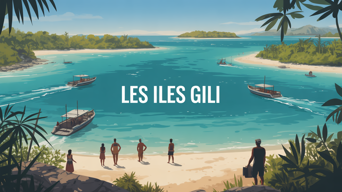 Archipel des Iles Gili vu du ciel avec plages et voyageurs