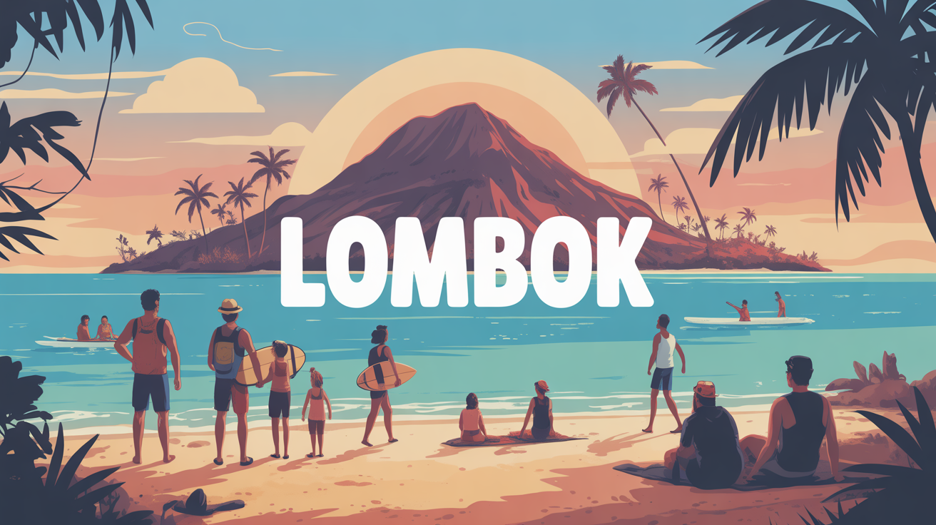 Illustration stylisée Lombok île plage volcan famille aventure