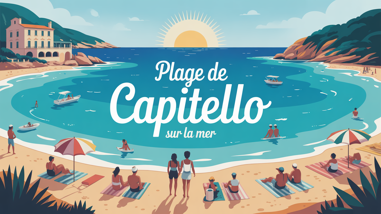 Illustration stylisée plage de Capitello Corse eau turquoise tour génoise