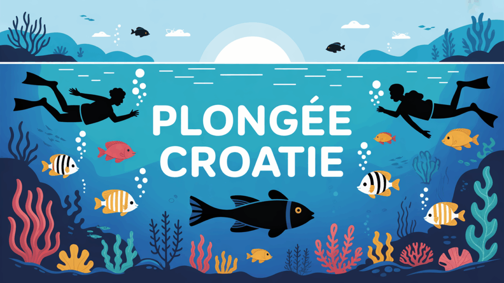 illustration plongee croatie silhouettes plongeurs iles recifs