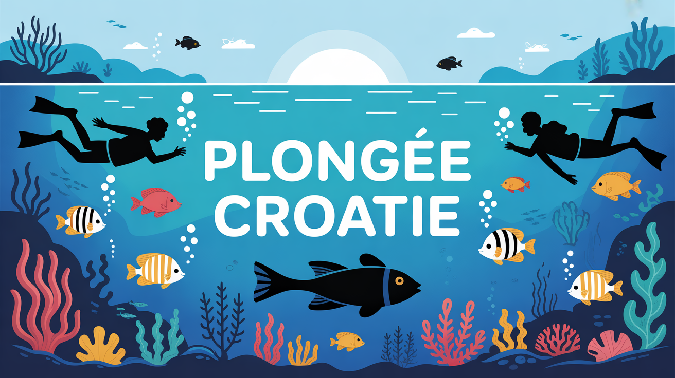 illustration plongee croatie silhouettes plongeurs iles recifs