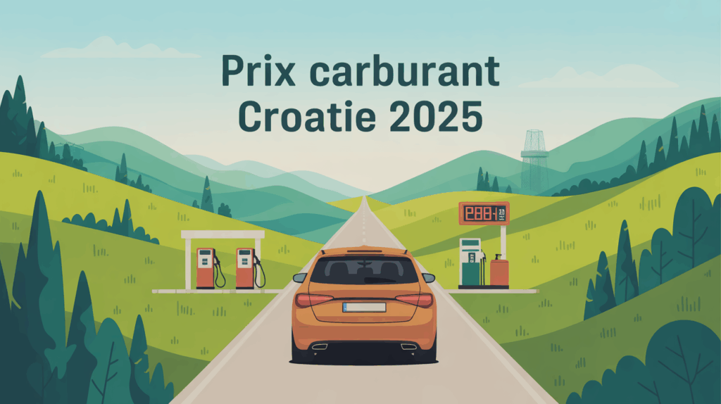 Illustration voiture sur route en Croatie avec stations-service et prix carburant 2025
