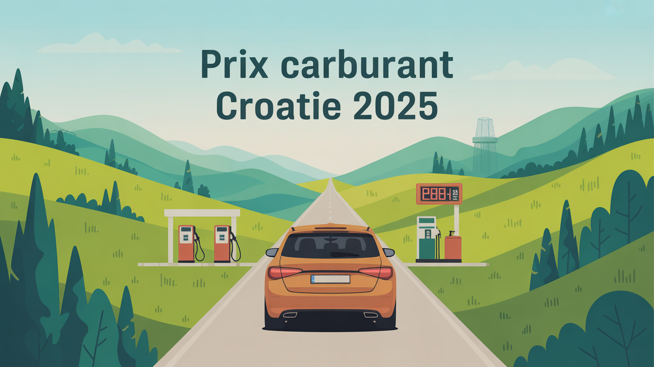 Illustration voiture sur route en Croatie avec stations-service et prix carburant 2025
