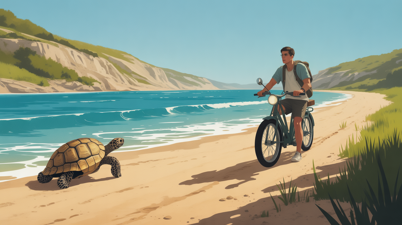 Plage Lombok randonneur tortue scooter illustration