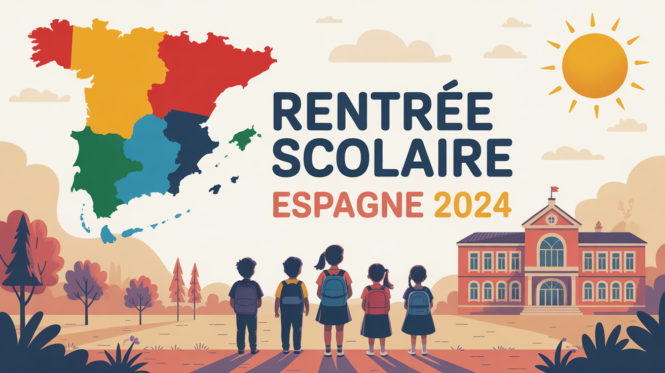 Carte Espagne regions colorées, enfants devant école, rentrée scolaire 2024