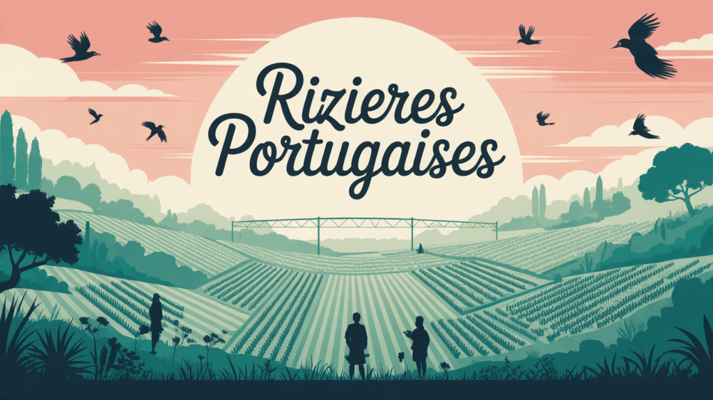 Vue stylisée rizières portugaises, systèmes d'irrigation, oiseaux