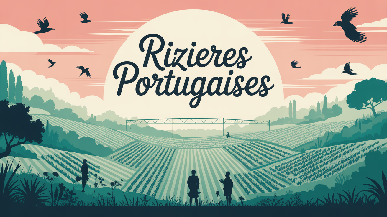 Vue stylisée rizières portugaises, systèmes d'irrigation, oiseaux