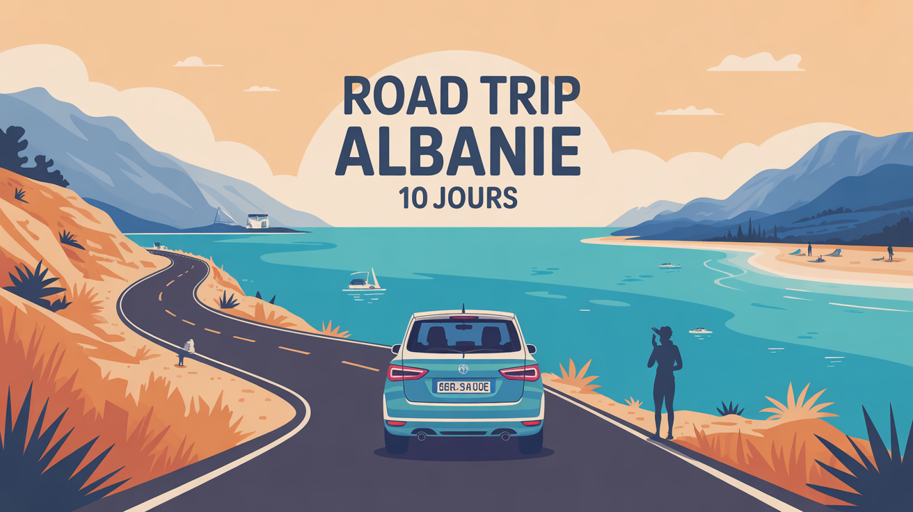 road trip albanie 10 jours illustration montagne mer voiture