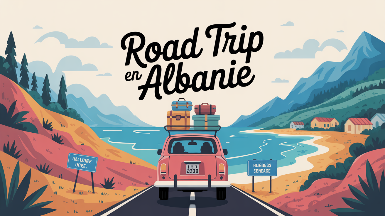 Dessin carnet de voyage route Albanie avec montagnes, plages et villages