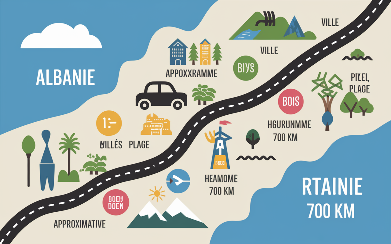 carte albanie road trip 700km pictogrammes