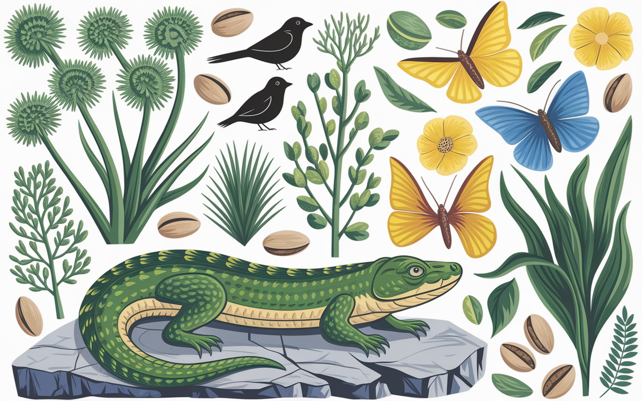 Herbier stylisé sentier Tire Poil, pins d'Alep, oiseaux et papillons