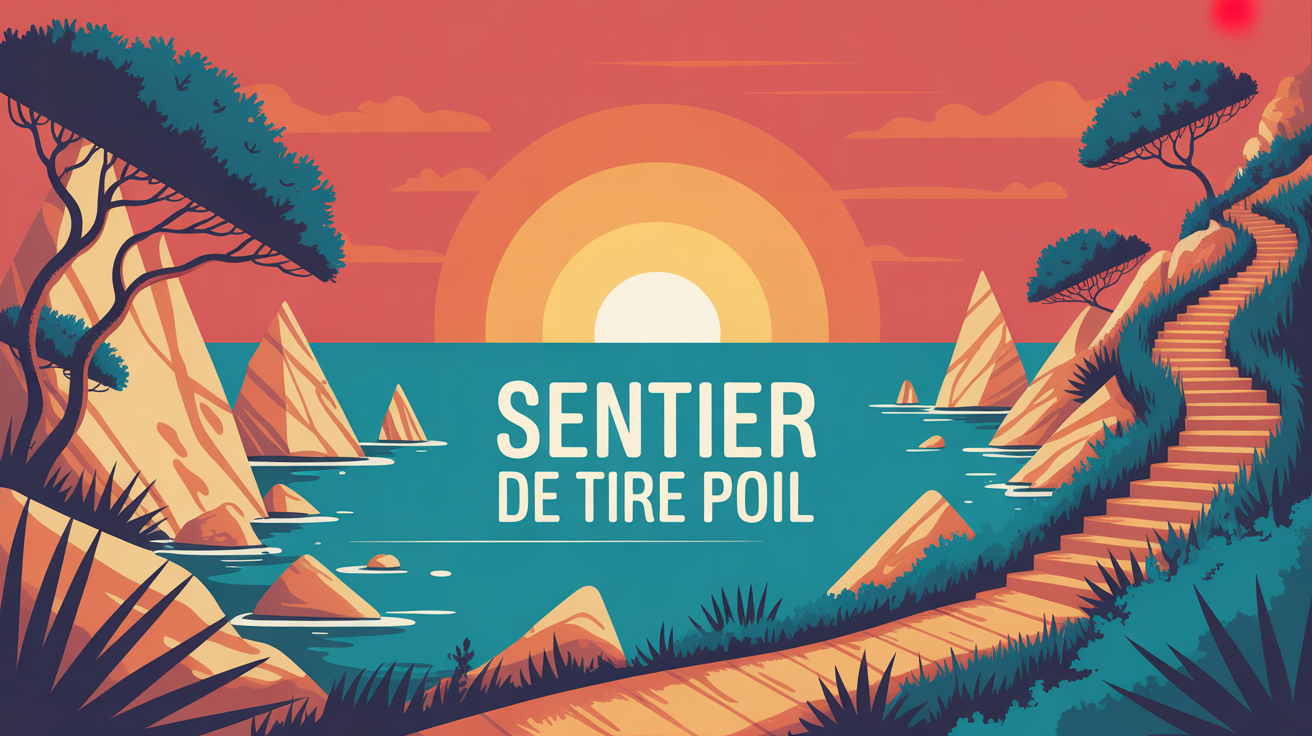 Illustration du sentier Tire Poil au coucher du soleil, mer turquoise et pins d'Alep