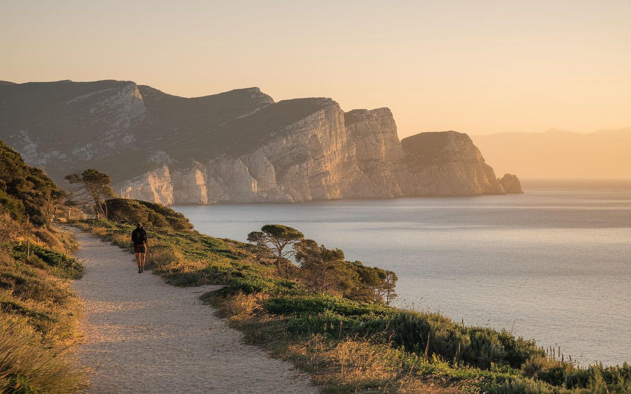 Vue du sentier Tire Poil, randonneurs, pin d'Alep, mer et criques